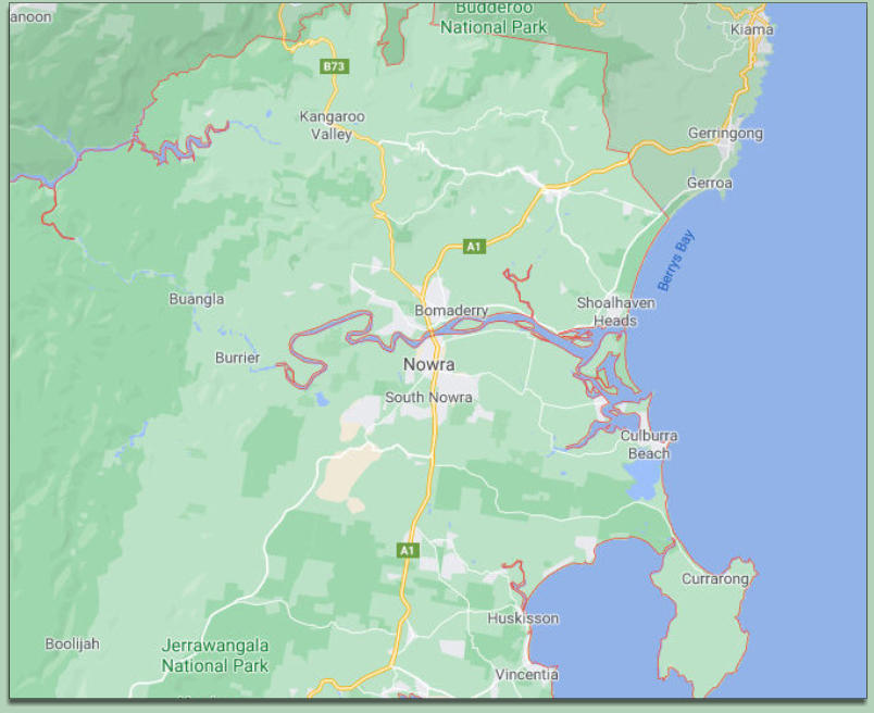 A map of the areas that Legals2U services, ranging from Vincentia, Huskisson, Nowra, Gerroa, Gerringong to Kiama