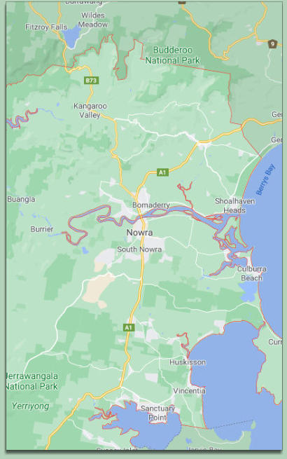 A map of the areas that Legals2U services, ranging from Vincentia, Huskisson, Nowra, Gerroa, Gerringong to Kiama